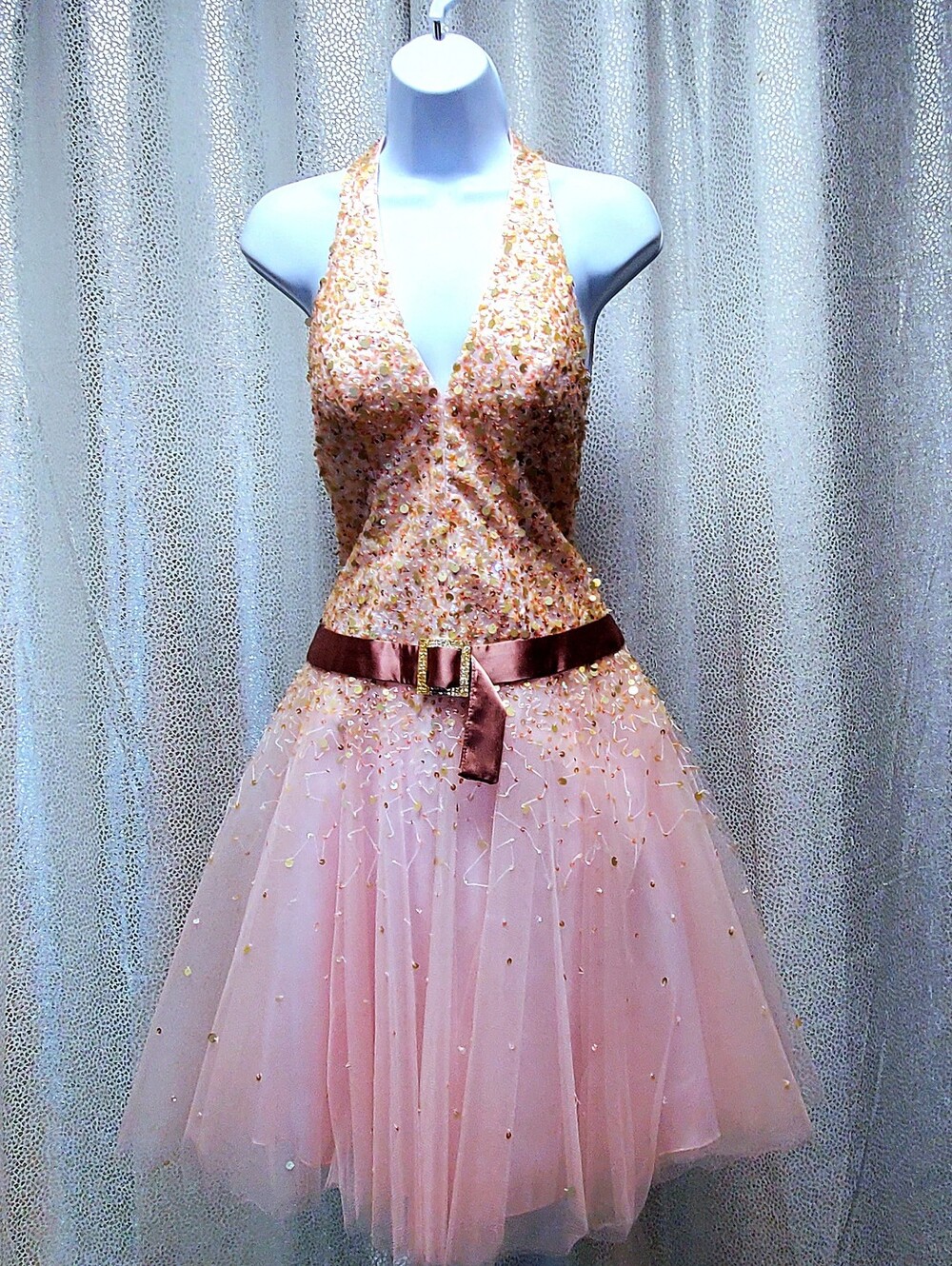 Alyce Designs Prom Formal Dress Sparkling Pink Sequin Halter  Dress with Belt